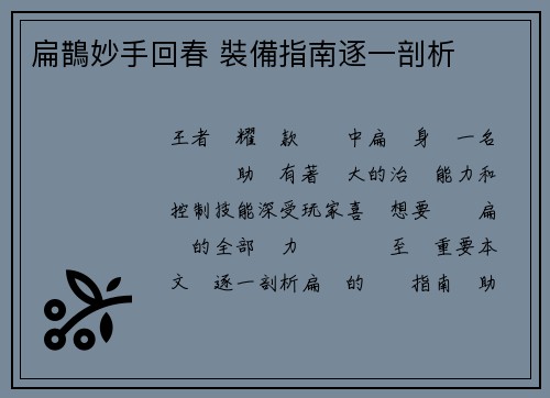 扁鵲妙手回春 裝備指南逐一剖析