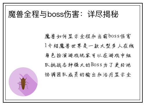 魔兽全程与boss伤害：详尽揭秘